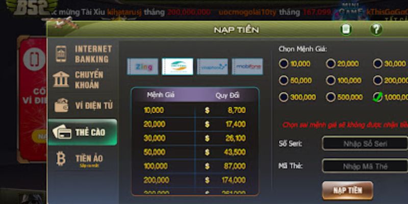 Hướng dẫn nạp tiền B52 Club lỗi thường gặp